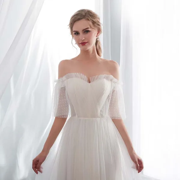 Affordable Champagne Wedding Dresses 2018 A-Line / Princess 1/2 Sleeves Off-The-Shoulder Backless Sweep Train Ruffle