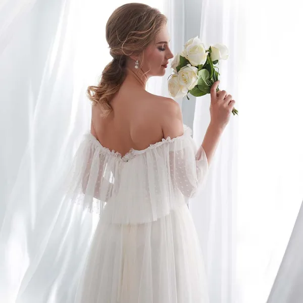 Affordable Champagne Wedding Dresses 2018 A-Line / Princess 1/2 Sleeves Off-The-Shoulder Backless Sweep Train Ruffle