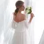 Affordable Champagne Wedding Dresses 2018 A-Line / Princess 1/2 Sleeves Off-The-Shoulder Backless Sweep Train Ruffle