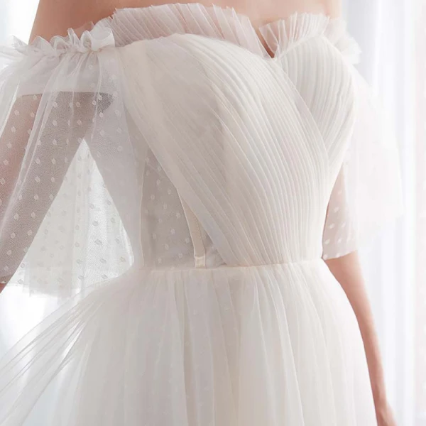 Affordable Champagne Wedding Dresses 2018 A-Line / Princess 1/2 Sleeves Off-The-Shoulder Backless Sweep Train Ruffle