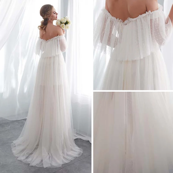 Affordable Champagne Wedding Dresses 2018 A-Line / Princess 1/2 Sleeves Off-The-Shoulder Backless Sweep Train Ruffle
