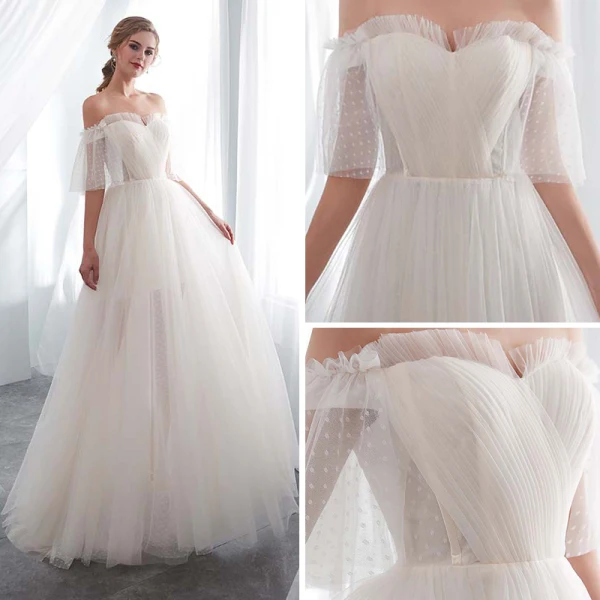 Affordable Champagne Wedding Dresses 2018 A-Line / Princess 1/2 Sleeves Off-The-Shoulder Backless Sweep Train Ruffle