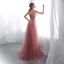 Luxus / Herrlich Rosa Abendkleider 2018 A Linie V-Ausschnitt Ärmellos Perle Strass Pailletten Gespaltete Front Sweep / Pinsel Zug Rüschen Rückenfreies Festliche Kleider