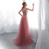 Luksusowe Rumieniąc Różowy Sukienki Wieczorowe 2018 Princessa V-Szyja Bez Rękawów Perła Rhinestone Cekiny Podział Przodu Trenem Sweep Wzburzyć Bez Pleców Sukienki Wizytowe