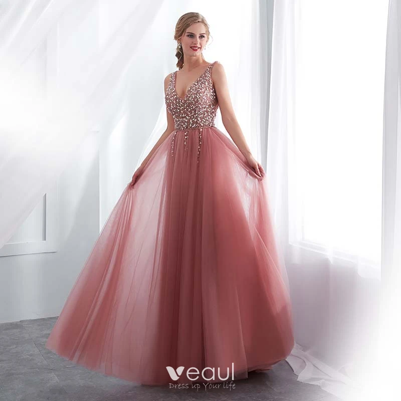 Luxury Gorgeous Blushing Pink Evening Dresses 2018 A Line Princess V Neck Sleeveless Pearl Rhinestone Sequins Split Front Sweep Train Ruffle Backless Formal Dresses