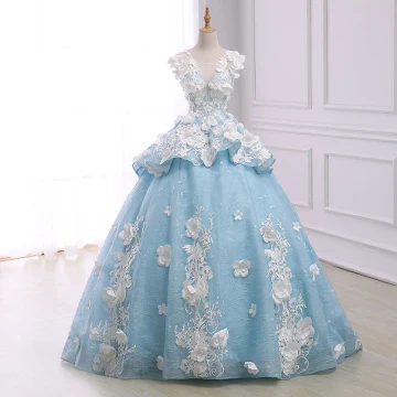 Flower Fairy Sky Blue Pierced Prom Dresses 2018 Ball Gown Scoop Neck Sleeveless Appliques Lace Flower Pearl Chapel Train Ruffle Backless Formal Dresses
