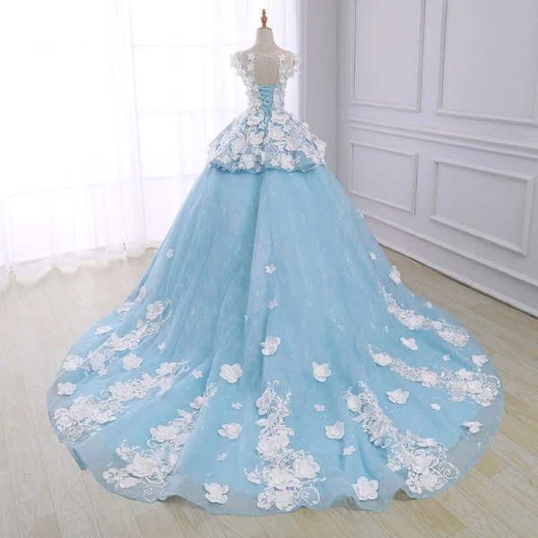 Flower Fairy Sky Blue Pierced Prom Dresses 2018 Ball Gown Scoop Neck Sleeveless Appliques Lace Flower Pearl Chapel Train Ruffle Backless Formal Dresses