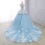 Flower Fairy Sky Blue Pierced Prom Dresses 2018 Ball Gown Scoop Neck Sleeveless Appliques Lace Flower Pearl Chapel Train Ruffle Backless Formal Dresses