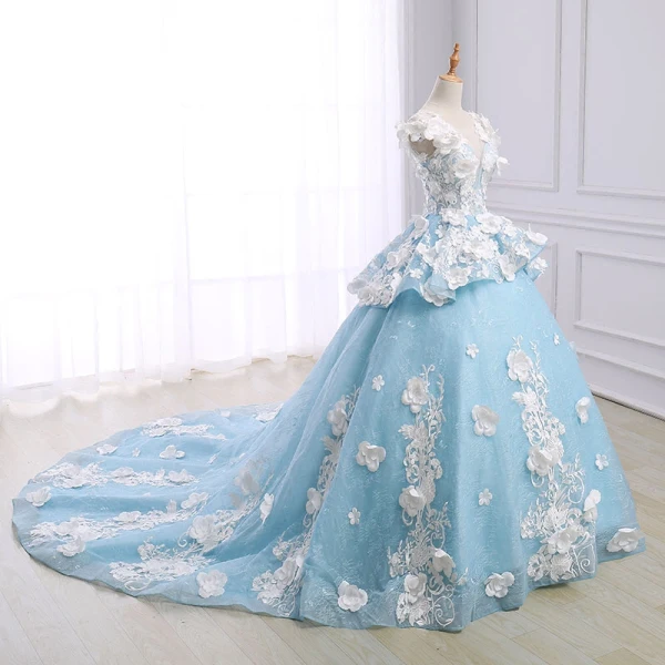 Flower Fairy Sky Blue Pierced Prom Dresses 2018 Ball Gown Scoop Neck Sleeveless Appliques Lace Flower Pearl Chapel Train Ruffle Backless Formal Dresses