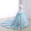 Flower Fairy Sky Blue Pierced Prom Dresses 2018 Ball Gown Scoop Neck Sleeveless Appliques Lace Flower Pearl Chapel Train Ruffle Backless Formal Dresses