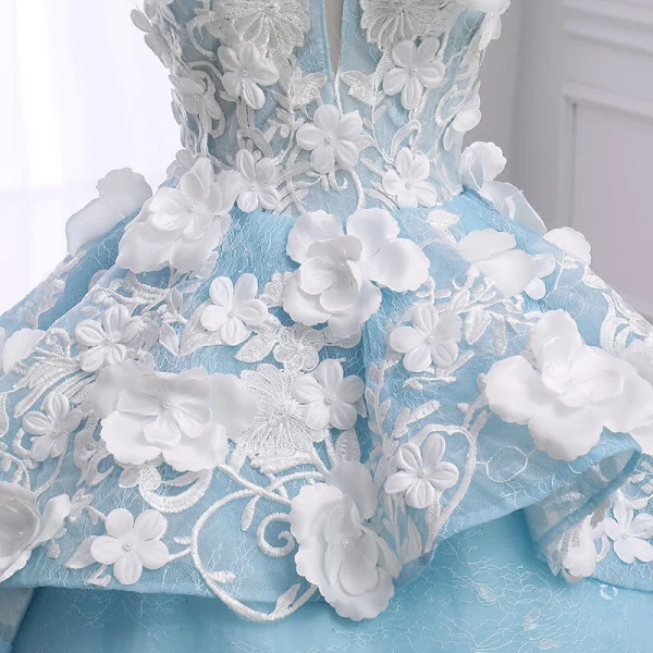 Flower Fairy Sky Blue Pierced Prom Dresses 2018 Ball Gown Scoop Neck Sleeveless Appliques Lace Flower Pearl Chapel Train Ruffle Backless Formal Dresses