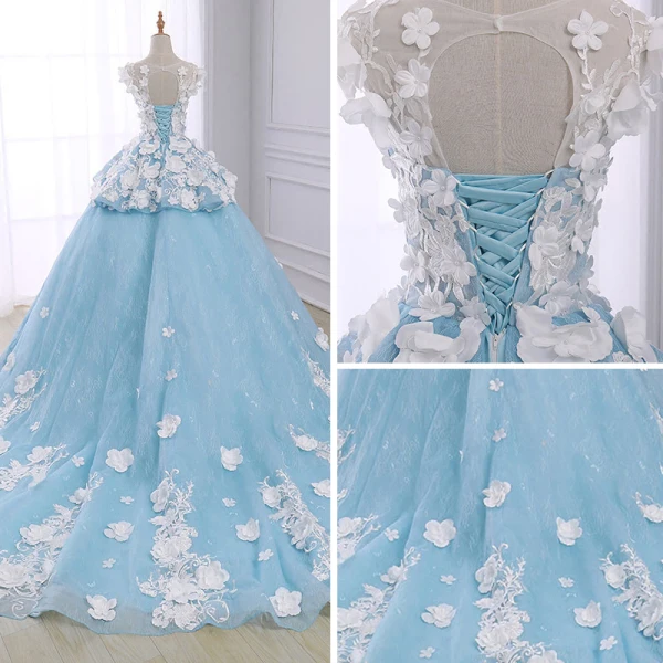 Flower Fairy Sky Blue Pierced Prom Dresses 2018 Ball Gown Scoop Neck Sleeveless Appliques Lace Flower Pearl Chapel Train Ruffle Backless Formal Dresses