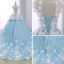 Flower Fairy Sky Blue Pierced Prom Dresses 2018 Ball Gown Scoop Neck Sleeveless Appliques Lace Flower Pearl Chapel Train Ruffle Backless Formal Dresses