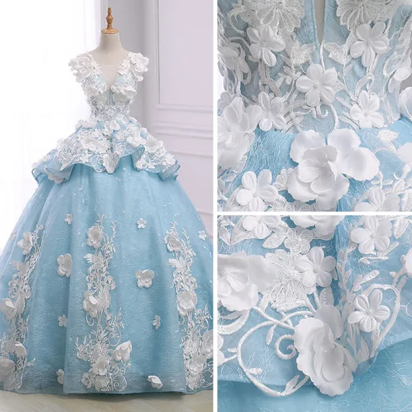 Flower Fairy Sky Blue Pierced Prom Dresses 2018 Ball Gown Scoop Neck ...