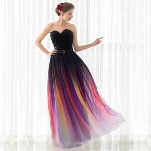 Farget Gradient Farge Chiffon Selskapskjoler 2018 Prinsesse Kjæreste Uten Ermer Metall Sash Lange Buste Ryggløse Formelle Kjoler