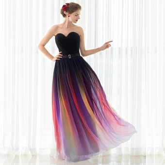 Colored Gradient Color Chiffon Evening Dresses 2018 A Line Princess Sweetheart Sleeveless Metal Sash Floor Length Long Ruffle Backless Formal Dresses