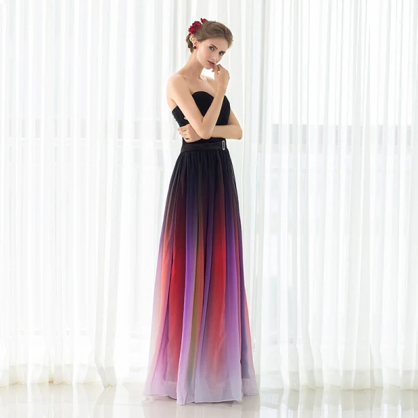 Farget Gradient-Farge Chiffon Selskapskjoler 2018 Prinsesse Kjæreste Uten Ermer Metall Sash Lange Buste Ryggløse Formelle Kjoler