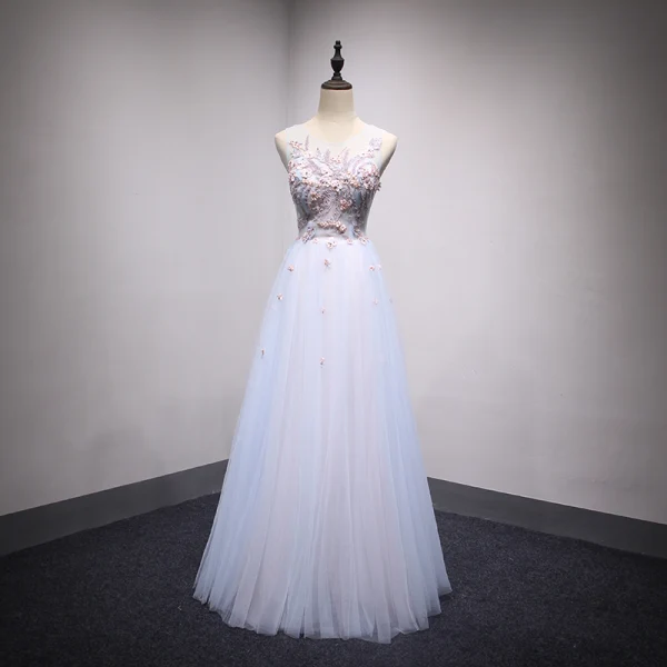 Chic / Belle Bleu Ciel Transparentes Robe De Soirée 2018 Princesse Encolure Dégagée Sans Manches Perle Faux Diamant Cristal Appliques En Dentelle Longue Volants Dos Nu Robe De Ceremonie