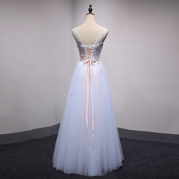 Chic / Belle Bleu Ciel Transparentes Robe De Soirée 2018 Princesse Encolure Dégagée Sans Manches Perle Faux Diamant Cristal Appliques En Dentelle Longue Volants Dos Nu Robe De Ceremonie