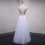 Chic / Belle Bleu Ciel Transparentes Robe De Soirée 2018 Princesse Encolure Dégagée Sans Manches Perle Faux Diamant Cristal Appliques En Dentelle Longue Volants Dos Nu Robe De Ceremonie