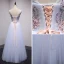 Chic / Belle Bleu Ciel Transparentes Robe De Soirée 2018 Princesse Encolure Dégagée Sans Manches Perle Faux Diamant Cristal Appliques En Dentelle Longue Volants Dos Nu Robe De Ceremonie