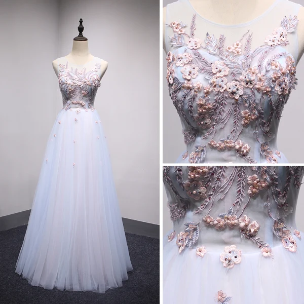 Chic / Belle Bleu Ciel Transparentes Robe De Soirée 2018 Princesse Encolure Dégagée Sans Manches Perle Faux Diamant Cristal Appliques En Dentelle Longue Volants Dos Nu Robe De Ceremonie