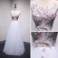 Chic / Belle Bleu Ciel Transparentes Robe De Soirée 2018 Princesse Encolure Dégagée Sans Manches Perle Faux Diamant Cristal Appliques En Dentelle Longue Volants Dos Nu Robe De Ceremonie