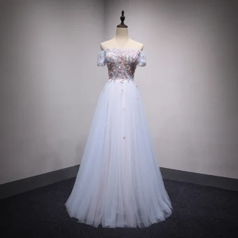 Chic Belle Bleu Ciel Robe De Soirée 2018 Princesse De L Épaule Manches Courtes Appliques En Dentelle Perle Faux Diamant Cristal Longue Volants Dos Nu Robe De Ceremonie