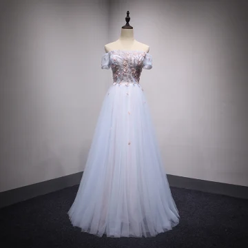 Chic Beautiful Sky Blue Evening Dresses 2018 A Line Princess Off The Shoulder Short Sleeve Appliques Lace Pearl Rhinestone Crystal Floor Length Long Ruffle Backless Formal Dresses