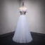 Chic / Beautiful Sky Blue Evening Dresses  2018 A-Line / Princess Off-The-Shoulder Short Sleeve Appliques Lace Pearl Rhinestone Crystal Floor-Length / Long Ruffle Backless Formal Dresses