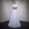 Chic / Beautiful Sky Blue Evening Dresses  2018 A-Line / Princess Off-The-Shoulder Short Sleeve Appliques Lace Pearl Rhinestone Crystal Floor-Length / Long Ruffle Backless Formal Dresses