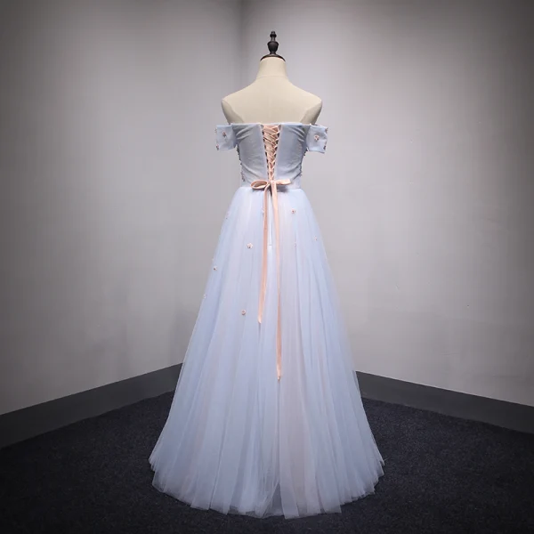 Chic / Beautiful Sky Blue Evening Dresses 2018 A-Line / Princess Off-The-Shoulder Short Sleeve Appliques Lace Pearl Rhinestone Crystal Floor-Length / Long Ruffle Backless Formal Dresses