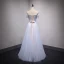 Chic / Beautiful Sky Blue Evening Dresses  2018 A-Line / Princess Off-The-Shoulder Short Sleeve Appliques Lace Pearl Rhinestone Crystal Floor-Length / Long Ruffle Backless Formal Dresses