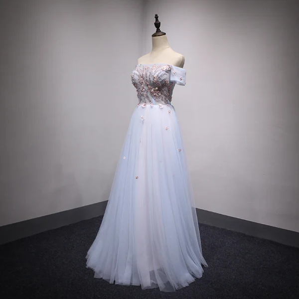 Chic / Beautiful Sky Blue Evening Dresses 2018 A-Line / Princess Off-The-Shoulder Short Sleeve Appliques Lace Pearl Rhinestone Crystal Floor-Length / Long Ruffle Backless Formal Dresses
