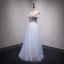 Chic / Beautiful Sky Blue Evening Dresses  2018 A-Line / Princess Off-The-Shoulder Short Sleeve Appliques Lace Pearl Rhinestone Crystal Floor-Length / Long Ruffle Backless Formal Dresses