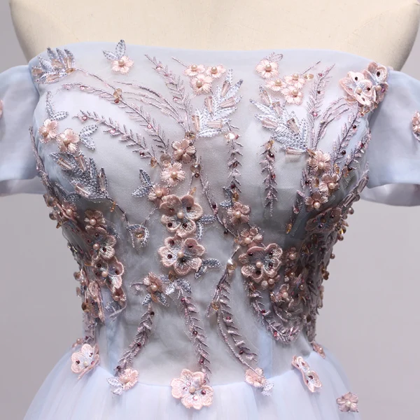 Chic / Beautiful Sky Blue Evening Dresses 2018 A-Line / Princess Off-The-Shoulder Short Sleeve Appliques Lace Pearl Rhinestone Crystal Floor-Length / Long Ruffle Backless Formal Dresses