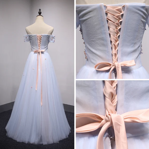 Chic / Beautiful Sky Blue Evening Dresses 2018 A-Line / Princess Off-The-Shoulder Short Sleeve Appliques Lace Pearl Rhinestone Crystal Floor-Length / Long Ruffle Backless Formal Dresses