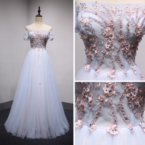 Chic / Beautiful Sky Blue Evening Dresses 2018 A-Line / Princess Off-The-Shoulder Short Sleeve Appliques Lace Pearl Rhinestone Crystal Floor-Length / Long Ruffle Backless Formal Dresses