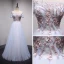 Chic / Beautiful Sky Blue Evening Dresses  2018 A-Line / Princess Off-The-Shoulder Short Sleeve Appliques Lace Pearl Rhinestone Crystal Floor-Length / Long Ruffle Backless Formal Dresses