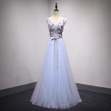 Chic Beautiful Sky Blue Evening Dresses 2018 A Line Princess V Neck Sleeveless Appliques Flower Sash Floor Length Long Ruffle Backless Formal Dresses