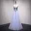 Chic / Beautiful Sky Blue Evening Dresses  2018 A-Line / Princess V-Neck Sleeveless Appliques Flower Sash Floor-Length / Long Ruffle Backless Formal Dresses