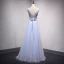Chic / Beautiful Sky Blue Evening Dresses  2018 A-Line / Princess V-Neck Sleeveless Appliques Flower Sash Floor-Length / Long Ruffle Backless Formal Dresses