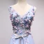Chic / Beautiful Sky Blue Evening Dresses  2018 A-Line / Princess V-Neck Sleeveless Appliques Flower Sash Floor-Length / Long Ruffle Backless Formal Dresses
