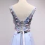 Chic / Beautiful Sky Blue Evening Dresses  2018 A-Line / Princess V-Neck Sleeveless Appliques Flower Sash Floor-Length / Long Ruffle Backless Formal Dresses