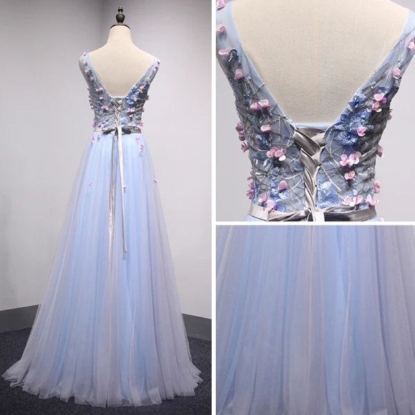 Chic / Beautiful Sky Blue Evening Dresses  2018 A-Line / Princess V-Neck Sleeveless Appliques Flower Sash Floor-Length / Long Ruffle Backless Formal Dresses