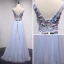 Chic / Beautiful Sky Blue Evening Dresses  2018 A-Line / Princess V-Neck Sleeveless Appliques Flower Sash Floor-Length / Long Ruffle Backless Formal Dresses