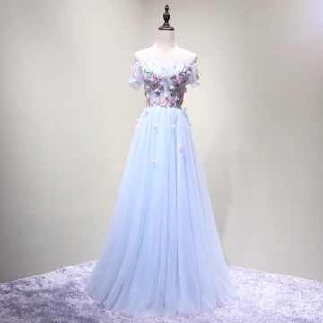 Chic Beautiful Sky Blue Evening Dresses 2018 A Line Princess Off The Shoulder Short Sleeve Appliques Flower Beading Crystal Floor Length Long Ruffle Backless Formal Dresses