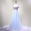 Chic / Beautiful Sky Blue Evening Dresses  2018 A-Line / Princess Off-The-Shoulder Short Sleeve Appliques Flower Beading Crystal Floor-Length / Long Ruffle Backless Formal Dresses
