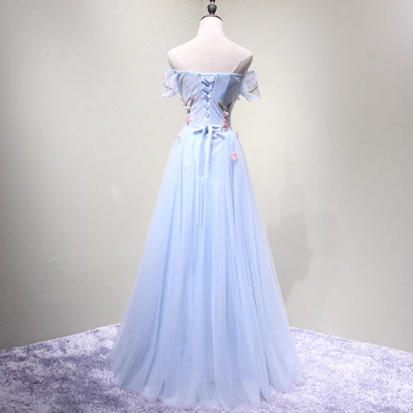 Chic / Beautiful Sky Blue Evening Dresses  2018 A-Line / Princess Off-The-Shoulder Short Sleeve Appliques Flower Beading Crystal Floor-Length / Long Ruffle Backless Formal Dresses