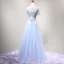 Chic / Beautiful Sky Blue Evening Dresses  2018 A-Line / Princess Off-The-Shoulder Short Sleeve Appliques Flower Beading Crystal Floor-Length / Long Ruffle Backless Formal Dresses